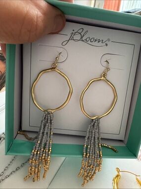 bloom Gold Hoop Earrings with Gray and Gold Beaded Tassels